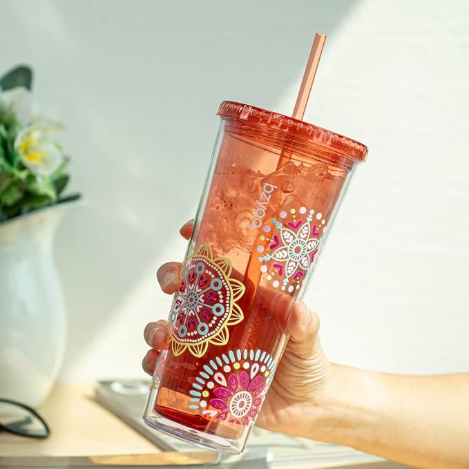 bzyoo 24oz Plastic Tumbler Cup, Lid & Straw, Iced Coffee, Medallion Orange | - Image 2