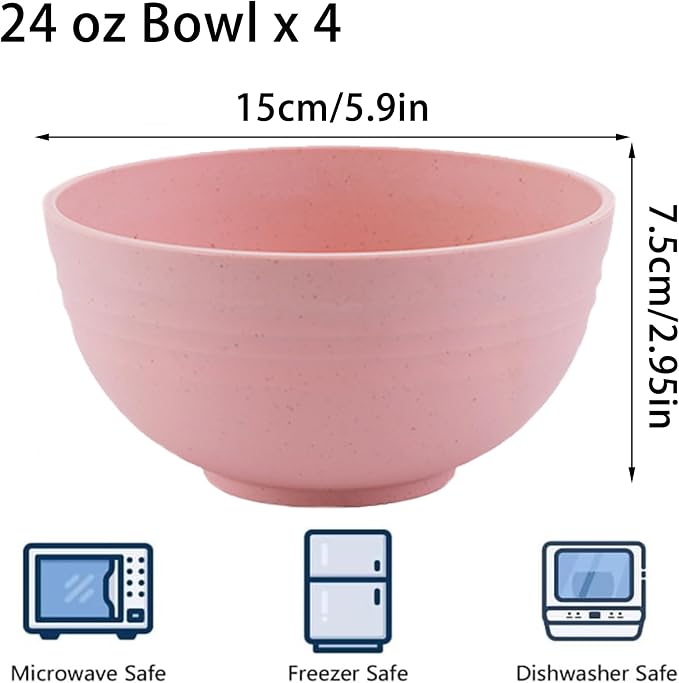 Unbreakable Wheat Straw Cereal Bowls Set of 4, 24 OZ Microwave and Dishwasher - Image 2