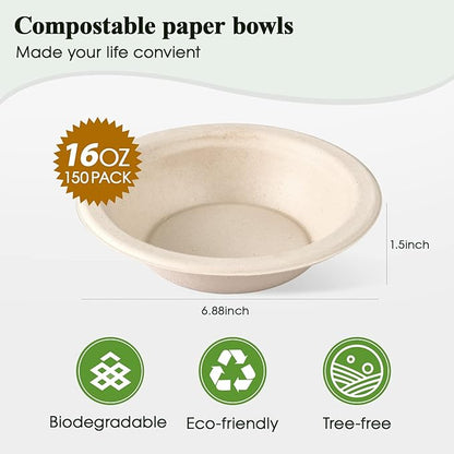 ECOLipak 150 Pack Compostable Disposable Paper Bowls, 16 OZ Bagasse Heavy duty Biodegradable Eco Friendly Sugarcane Soup Bowls for Salad Dessert(Nature)