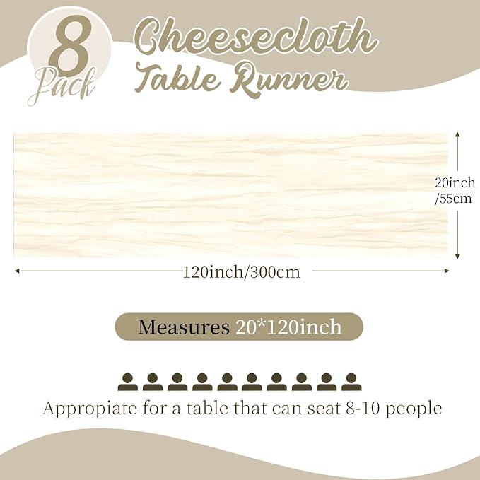 8 Pack Ivory Cheesecloth Table Runners 20x120 Inch Gauze Table Runner 10FT - Image 2