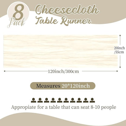 8 Pack Ivory Cheesecloth Table Runners 20x120 Inch Gauze Table Runner 10FT - Image 2