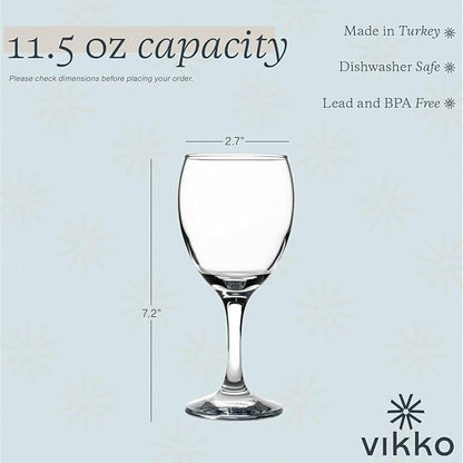 Vikko 11.5 Ounce Wine Glasses, Set of 6 Glasses for Red and White Wine With Stem, Clear Glasses for Wine, Thick and Durable Stemmed Cup