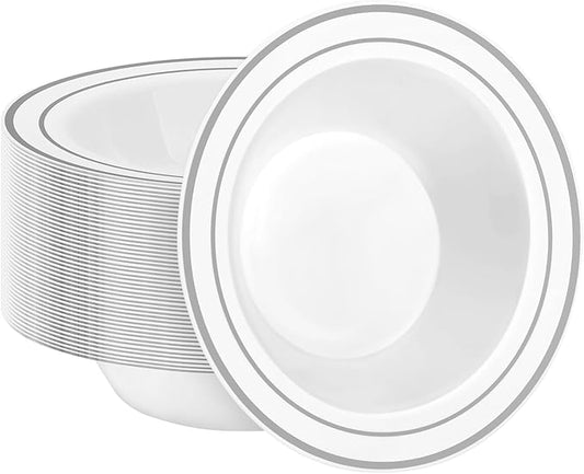 BESTSTAR 50 Pack Disposable Soup Bowls with Silver Rim, 12oz Premium Heavy Duty Plastic Dinner Bowls for Party, Wedding and Holiday