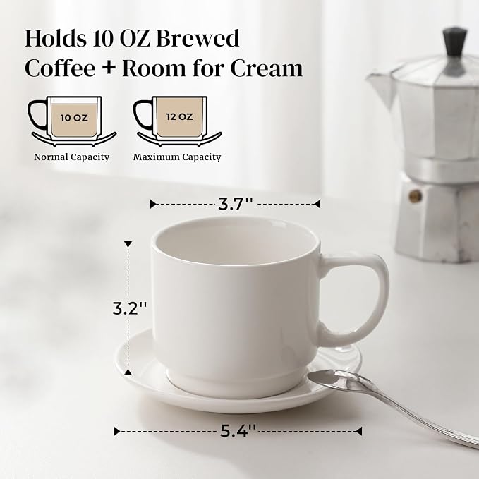 DOWAN 12oz Coffee Mugs, Cappuccino Cup and Saucer Set of 4, Tea Cups - Image 2