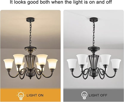 6-Light Dining Room Light Fixture Black，Industrial Farmhouse Pendant Light with White Frosted Glass Shades, Rustic Vintage Hanging Chandelier for Kitchen Island，Living Room&Home Decor
