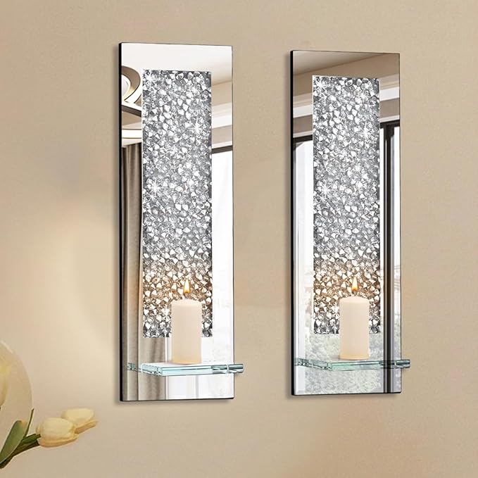 Pibeyer Crystal Crush Diamond Wall Candle holder set of 2, Rectangle Silver Mirrored Candle Sconces, Home Wall decoration for Living Room,Dining Room & Bedroom
