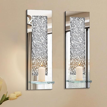Pibeyer Crystal Crush Diamond Wall Candle holder set of 2, Rectangle Silver Mirrored Candle Sconces, Home Wall decoration for Living Room,Dining Room & Bedroom