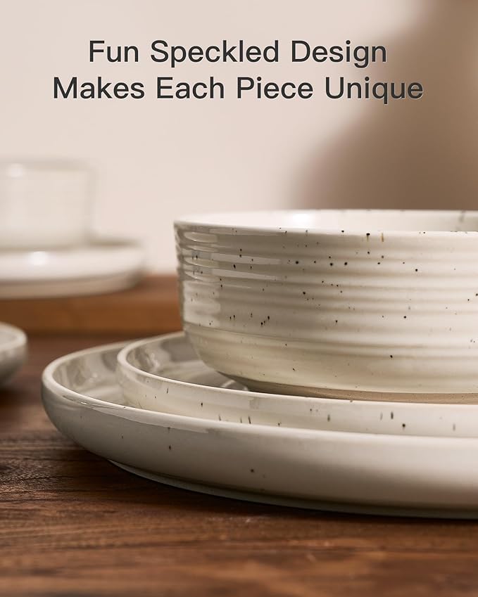 Stoneware Dinnerware Sets for 6, Reactive Glaze Plates & Bowls, Shell Beige | - Image 4