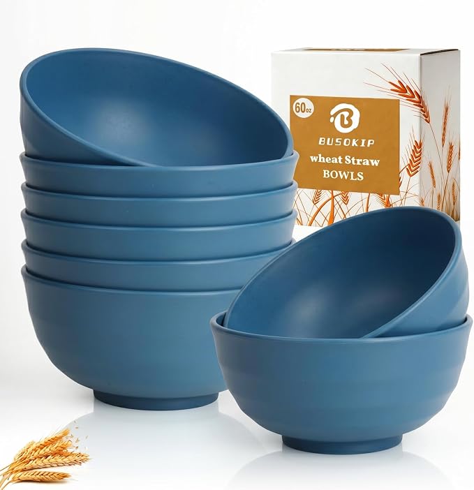 60oz Wheat Straw Bowls Sets of 8, Unbreakable & Stackable Ramen Bowl, Microwave by BUSOKIP