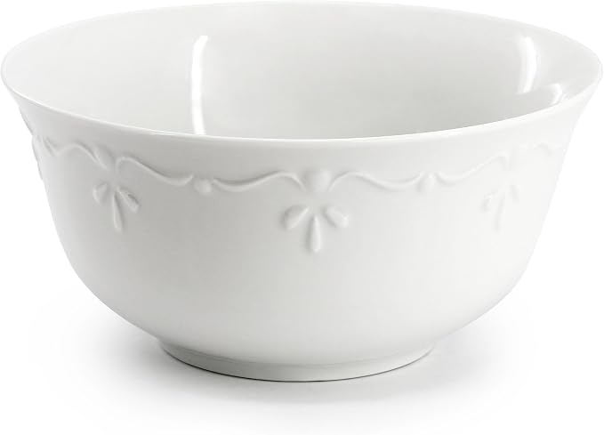 Elama Henryi 18 Piece Embossed Rim Detail Porcelain White Dinnerware Set - Image 4