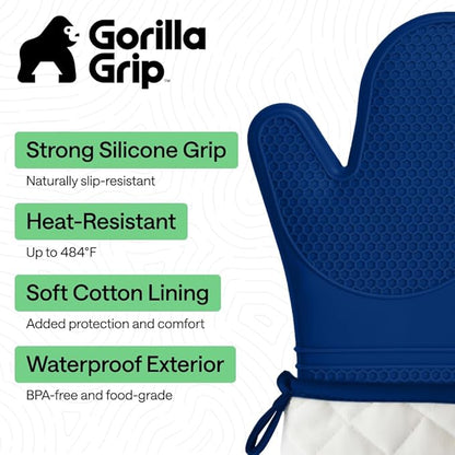 GORILLA GRIP BPA-Free Soft Silicone Oven Mitts, 14.5x8.3, Heat Resistant and Waterproof Cooking Gloves, Thick Cotton Lining, Flexible Gripping for Baking Grilling, Kitchen Potholders Set of 2, Blue