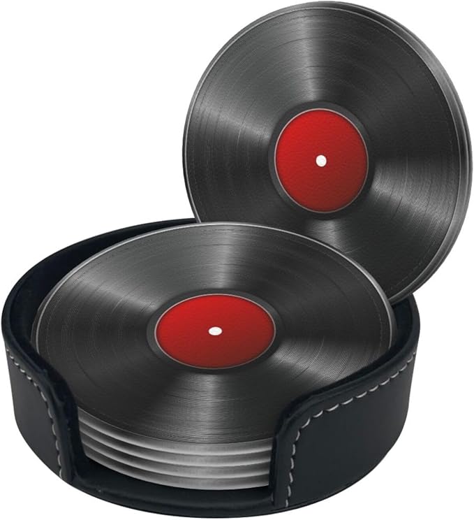 Drink Coasters with Holder Stand Set of 6, Phonograph Record Vinyl Pu Leather - Image 8
