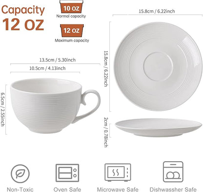 12 oz Cappuccino Cups with Saucers, Ceramic Espresso Coffee Cups Set of 4 - Image 3