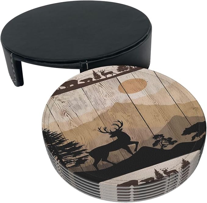 6 Pcs Rustic Wildlife Bear Deer Moose Vintage Wooden Plank Leather Coasters - Image 4