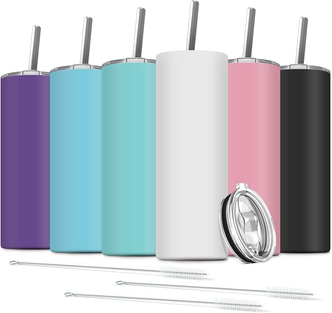 6 Pack Stainless Steel Skinny Tumbler, 20 OZ Double-Insulated Water Tumbler Cup by Deitybless