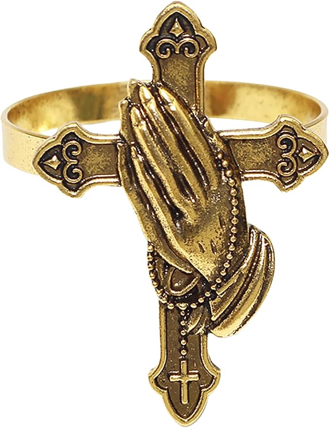 Cross Napkin Rings Set of 12 Antique Gold Praying Hands Napkin Holder - Image 8