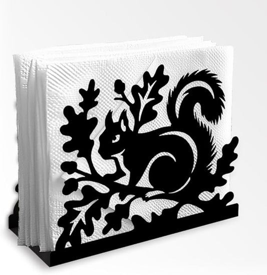 Squirrel Decorative Black Metal Napkin Holder for Table, 5.3" x 4.3" x 1.9" Squirrel Aniaml Standing Napkin Holder for Home Kitchen Restaurant Picnic Party Coffee Bar Dining Room