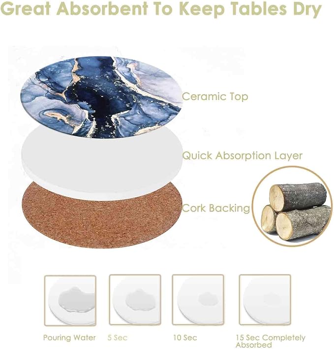 Drink Coasters with Holder 6 Pack, Ceramic Marble Style, Absorbent Abstract - Image 3