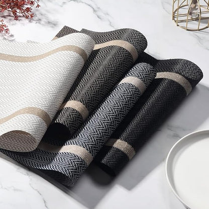 Placemats Set of 6 Durable Placemats Washable Kitchen Plastic Luxurious Table Mats for Home/Dining Room Decoration (Black)
