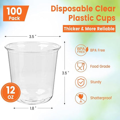 100 x Round Bottom Clear Plastic Cups 12 oz | Disposable Cocktail Cups - Image 2