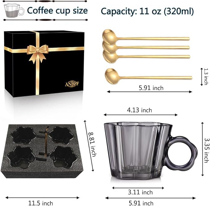 11oz Smoky Floral Glass Coffee Mugs Set of 4 - Image 4