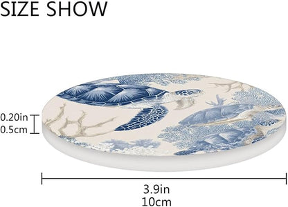 Coasters for Drinks Coaster Drink Set Decorative Coffee Table Desk Cup Mat Spring Cute Cork Bar Backing Round Home Decor Beige and Blue Sea Turtles Corals35