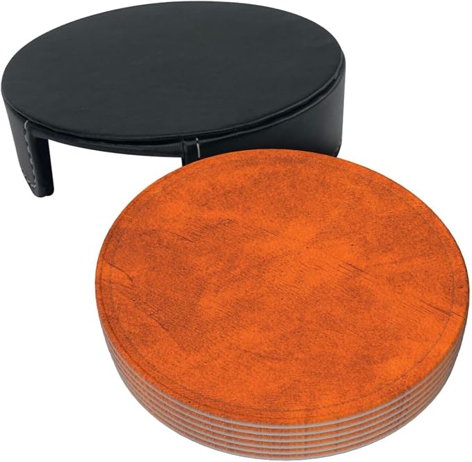 6 Pcs Old Orange Leather Coasters - Image 3