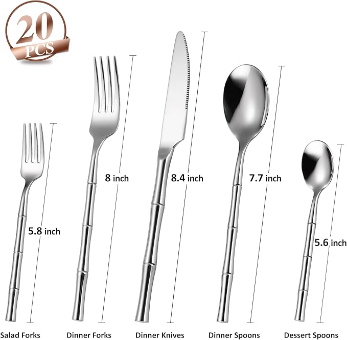 20 Pieces Bamboo Flatware Set Silverware Set Service - Image 2