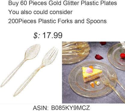 Liacere 60Pieces Gold Glitter Plastic Plates - Premium Square Disposable - Include 30PCS 9.5inch Gold Dinner - 30PCS 7inch Gold Dessert/Salad Plates for Party&Wedding&Christmas