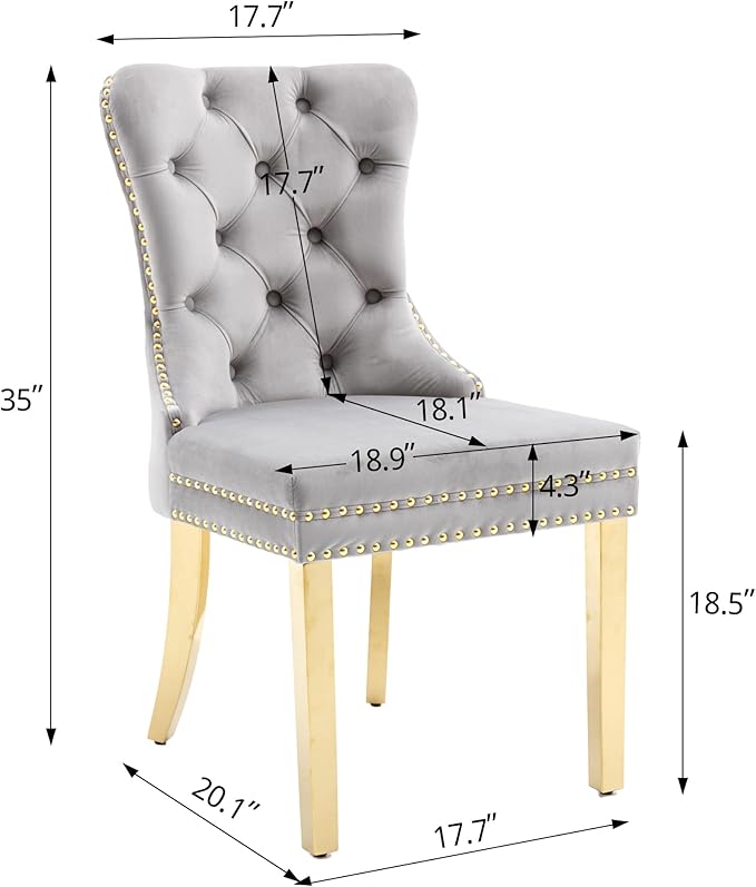 KCC Velvet Dining Chairs Set of 6, Upholstered High-end Tufted Dining Chair with Nailhead Back Ring Pull Trim Stainless Steel Legs, Contemporary Nikki Collection Modern Style for Kitchen, Light Gray