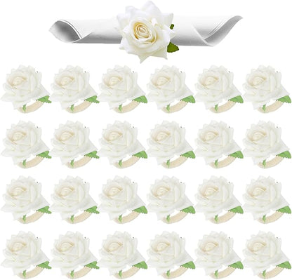 Set of 24 White Rose Napkin Rings - Handicraft Napkin Holder Table Decor for Wedding, Thanksgiving, Banquet, Christmas, Birthday Party