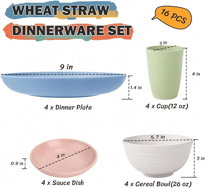 Wheat Straw Dinnerware Sets for 4, 16 Piece Unbreakable Kids Dinnerware Set - Image 3
