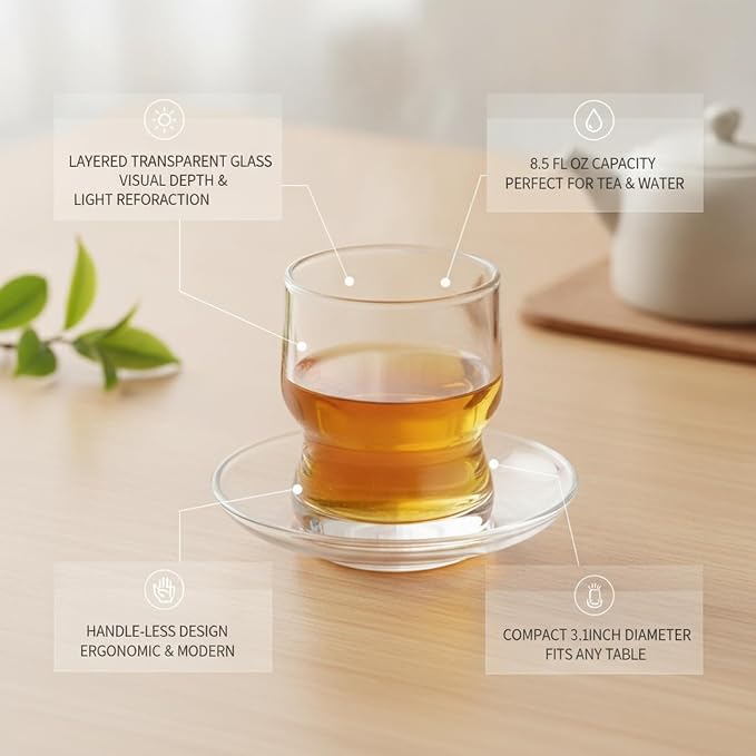 Layered Glass Tumbler with Saucer, Handleless Clear Cup - Image 5