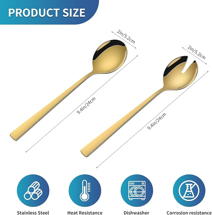 Gold Salad Serving Utensils Set of 2, 9.4 Inch Stainless Steel Salad Tossing - Image 2