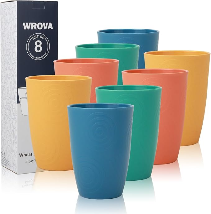 Wrova Wheat Straw Cups Set Alternative to Plastic Cups 16 oz, Reusable Drinking by WROVA