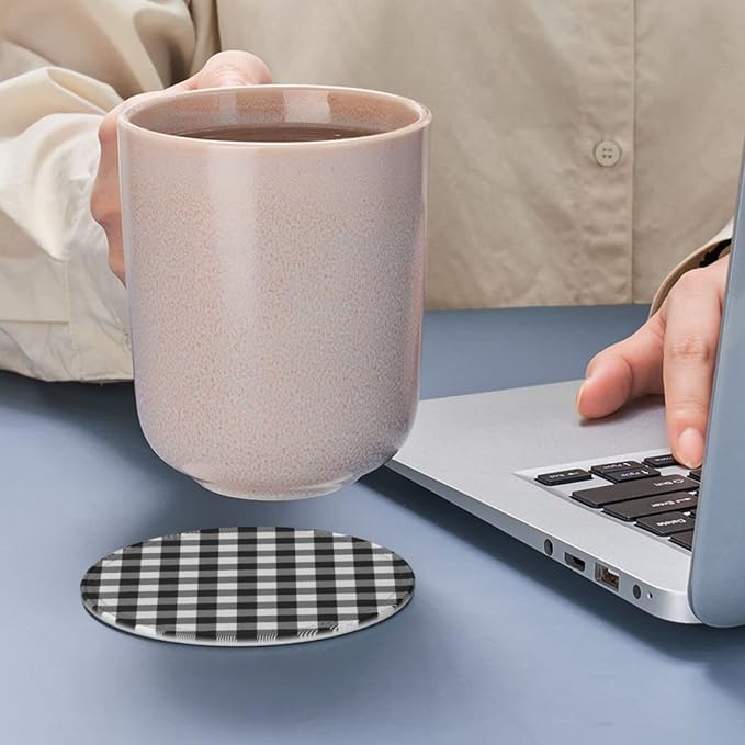 6 Pcs Black White Striped Plaid Leather Coasters - Image 7