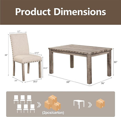 Morden Fort Rustic Dining Table Set for 6, Farmhouse Kitchen Dining Chairs for 6, Charming 60" Rectangular Wooden Table&6 Upholstered Chair with Nailhead Accents for Dining Hub,Breakfast Nook