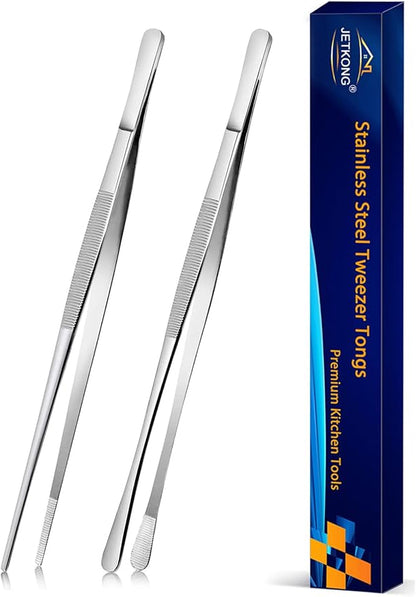 JETKONG 2 Pcs 10-Inch Cooking Tweezers Stainless Steel, Straight Food Tweezers, Professional Kitchen Forceps for Cooking Repairing and BBQ (Silver)