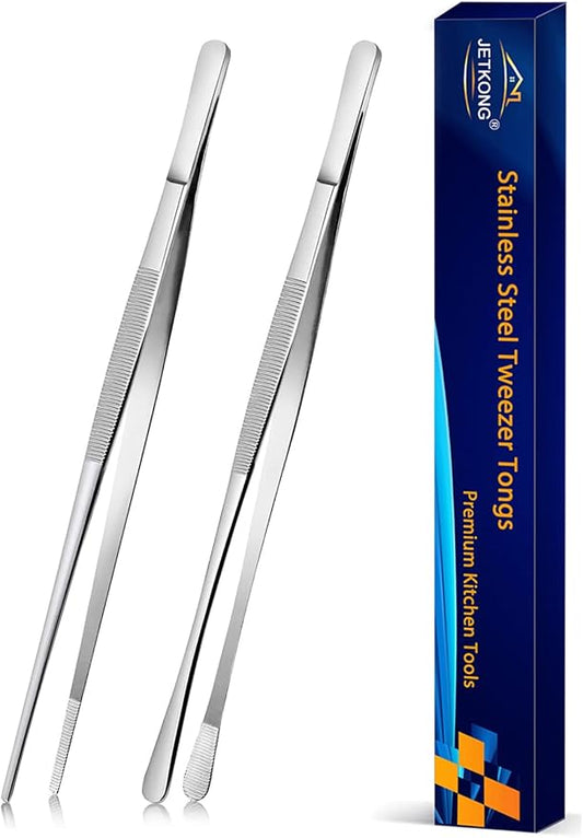 JETKONG 2 Pcs 10-Inch Cooking Tweezers Stainless Steel, Straight Food Tweezers, Professional Kitchen Forceps for Cooking Repairing and BBQ (Silver)