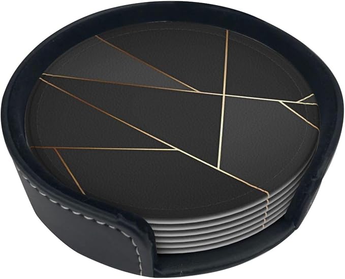 6 Pcs Black Gold Trim Pattern Leather Coasters - Image 2