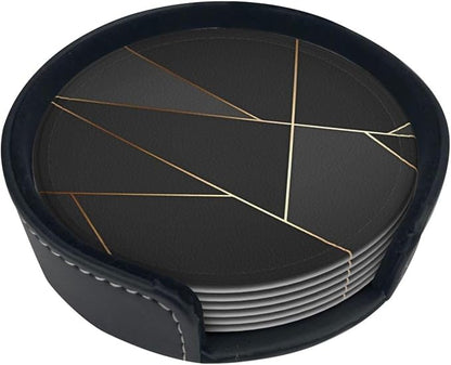 6 Pcs Black Gold Trim Pattern Leather Coasters - Image 2