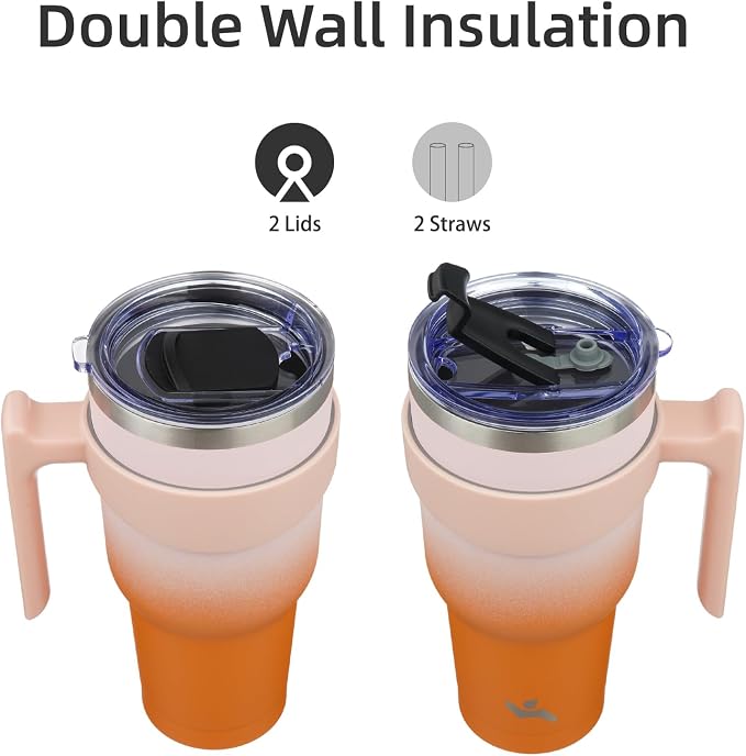 Konokyo 40 oz Tumbler with Handle and Straw, Insulated Travel Mug | Coral; - Image 3
