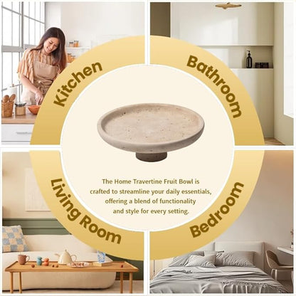 Natural Travertine Fruit Bowl 10.2" – Large Decorative Bowl & Travertine Decor Pedestal for Kitchen Counter & Dining Table ,For Entryway, Kitchen Fruit Bowl, Potpourri, Dining Table Centerpiece.