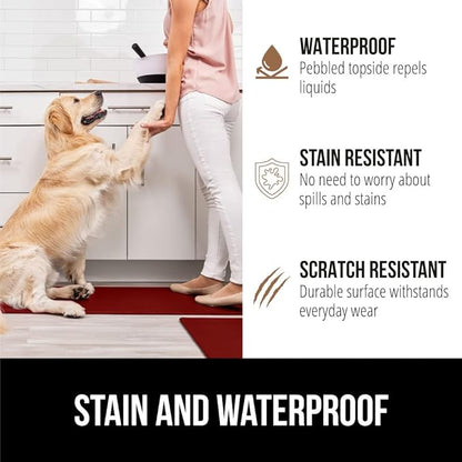 GORILLA GRIP 2 Pack Comfortable Cushioned Kitchen Mats for Floor, 17x29 + 17x59, Waterproof and Stain Resistant, 1/2 Inch Thick Ergonomic Standing Desk Anti Fatigue Mat, Foam Supports Feet, Red