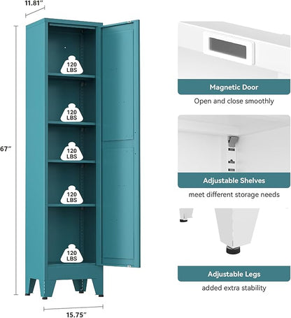 Narrow Metal Cabinet with 4 Adjustable Shelves and Barn Doors,Tall Bathroom Storage Cabinet, Metal Pantry Organizer for Kitchen,Home Office, Dining Room,Blue