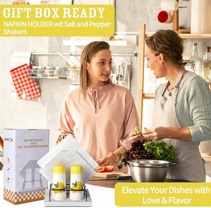 Rustic Farmhouse Napkin Holder Set - Natural Wood Kitchen Organizer with Lemon 2 Salt & Pepper Shakers for Countryside Dining & Minimalist Home Decor (Gift Ready)