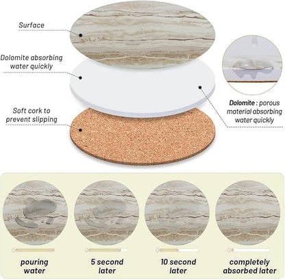 Ceramic Coasters Set of 6, Marble-Textured Design with Holder - Absorbent Cork-Backed Coasters for Cups, Bar & Coffee Table Decor Accessories (Khaki Marble, 8 Pack)