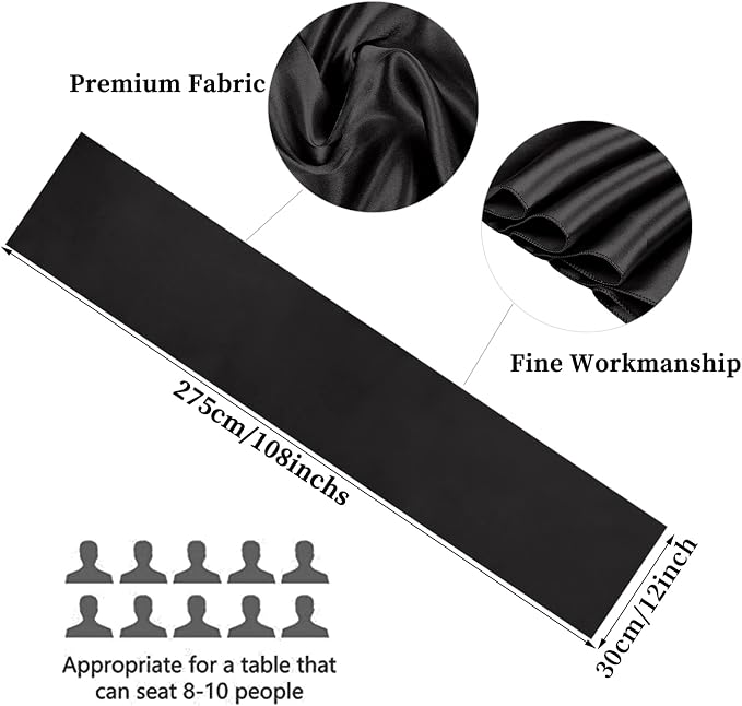10-Pack Black 12 x 108 inches Long Premium Satin Table Runner | Wedding - Image 2