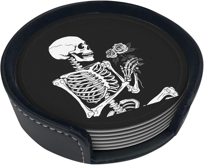 Roses Skeleton Skull Rock and Roll Leather Coasters Set of 6 by Nameapo