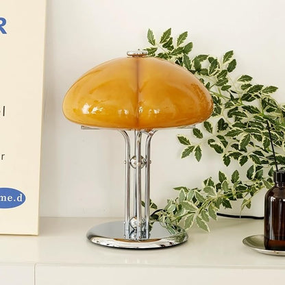 Mushroom Table Lamp with Caramel Lampshade,Art Deco Glass Desk Light with Chrome Base,Dimmable Small Nightstand Lamp,Mid Century Table Light for Living Room Bedroom